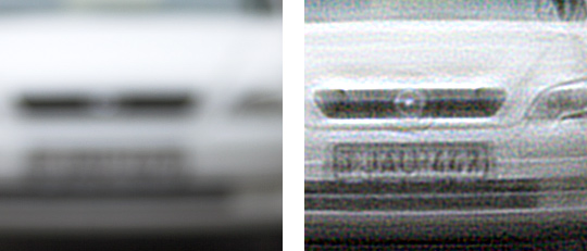 Az eredeti fotó egy teljesen életlen kép - deconvolution Egy nagyon életlen kép, és a rendszám még így is olvasható lett: JAU-447